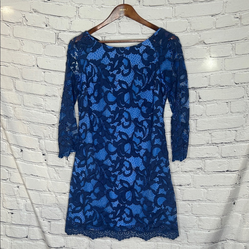 Lilly Pulitzer Blue Lace Sheath Dress W/Scoop Back Accented With Tie Bow Size 8
